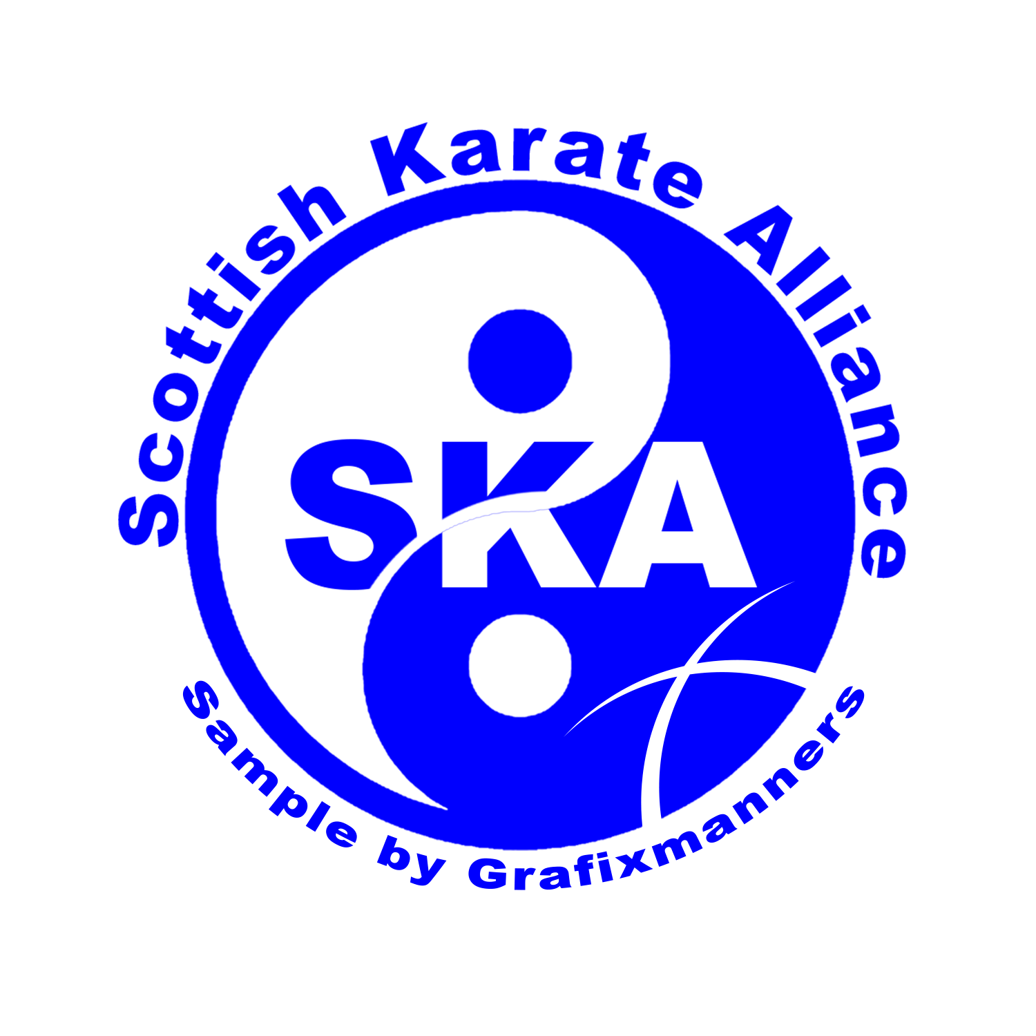 ska logo, scottish karate alliance, logo design, scottish logo, karate logo, retro logo design, blue and white, blue logo, ska logo, s logo, ka logo